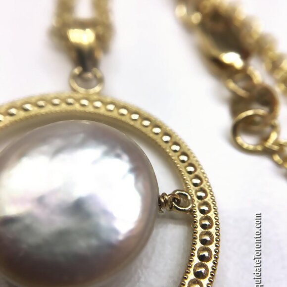 Pretty 14K Yellow Gold Genuine Floating Coin Pearl Necklace with 14K Rolo Chain - Picture 5 of 9